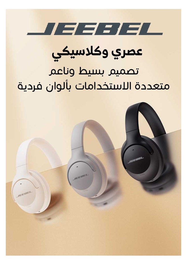 Wireless BT stereo headphone with ANC noise isolation feature and a 250 mAh battery that works for 14 continuous hours and fast charging USB-C Beige color