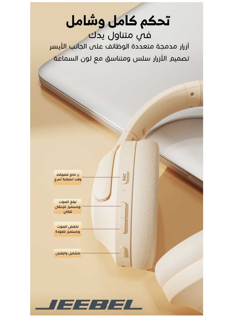 Wireless BT stereo headphone with ANC noise isolation feature and a 250 mAh battery that works for 14 continuous hours and fast charging USB-C Beige color
