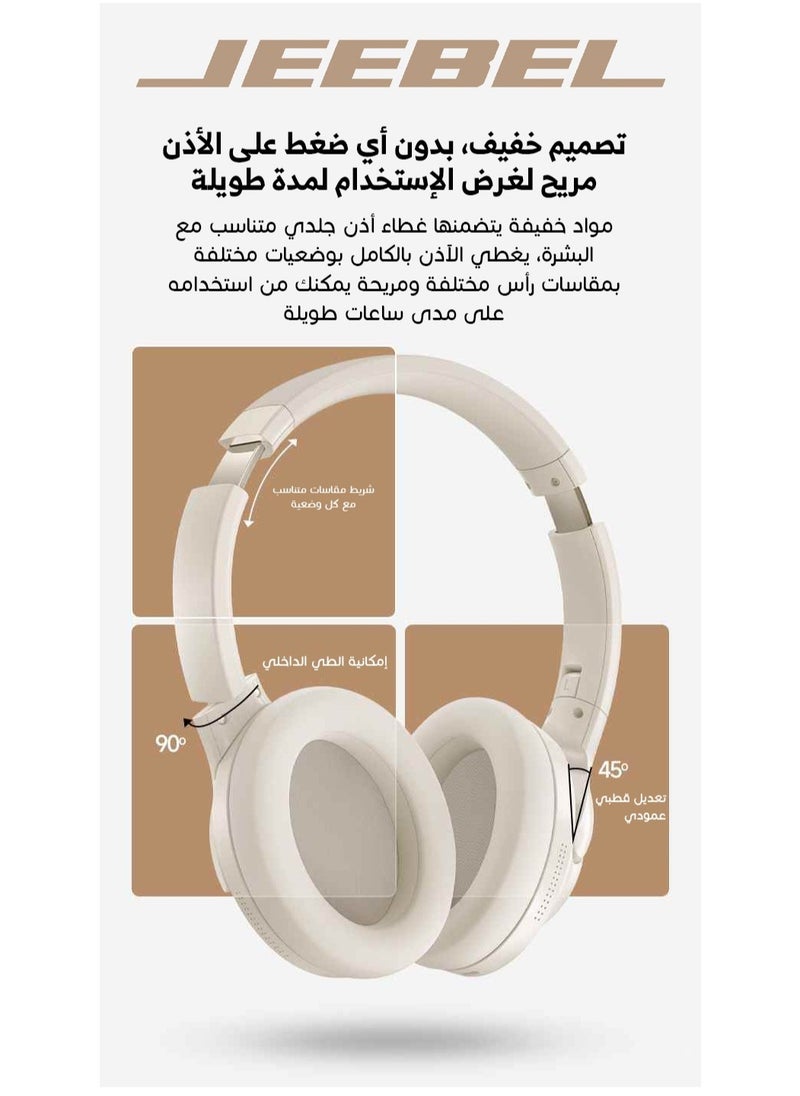 Wireless BT stereo headphone with ANC noise isolation feature and a 250 mAh battery that works for 14 continuous hours and fast charging USB-C Beige color