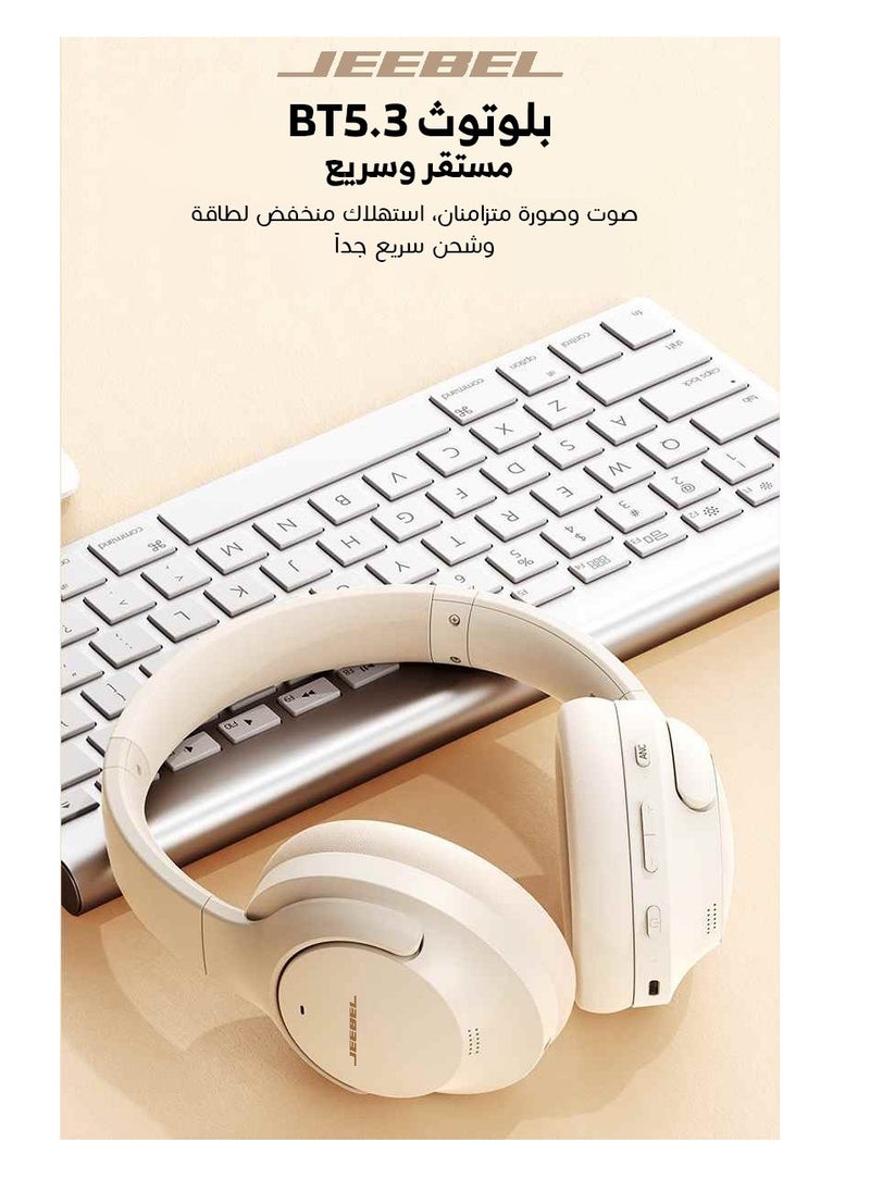 Wireless BT stereo headphone with ANC noise isolation feature and a 250 mAh battery that works for 14 continuous hours and fast charging USB-C Beige color