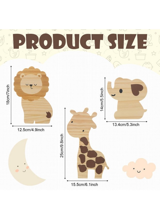 Barydat 3 Pcs Safari Nursery Decor Woodland Animal Nursery Decoration Woodland Wooden Animal Jungle Themed Room Decor Giraffe Lion Elephant Art for Baby Shower Bedroom - Image 2
