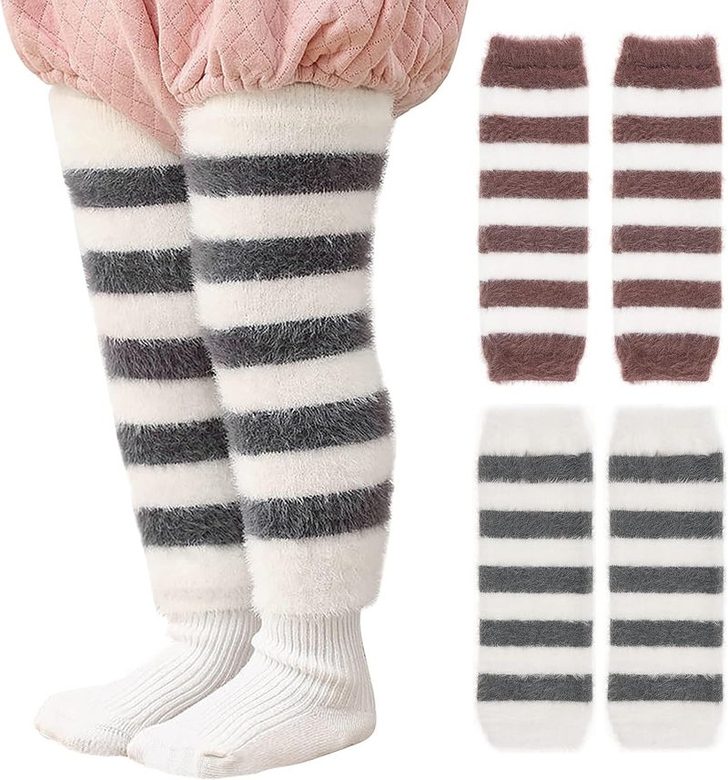 Unisex Baby Toddler Leg Warmers - Stripe Knee Socks (2 Pairs: White+Gray & White+Coffee) - Image 1