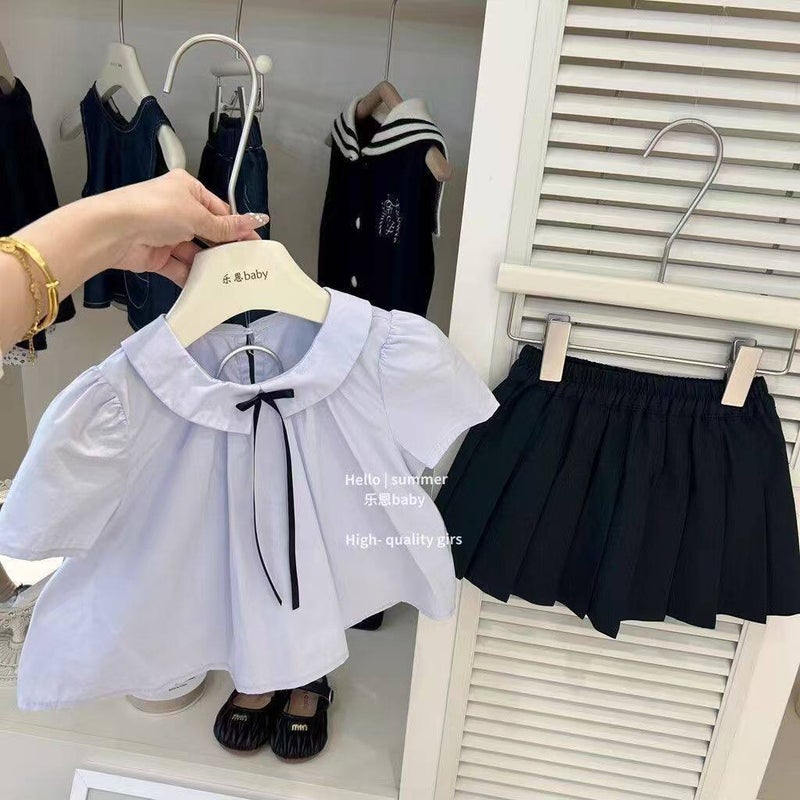 Summer Thai Bowknot Light Blue Pleated Skirt Two-Piece Set for Girls School Sweet Outing Kids Set - Image 1