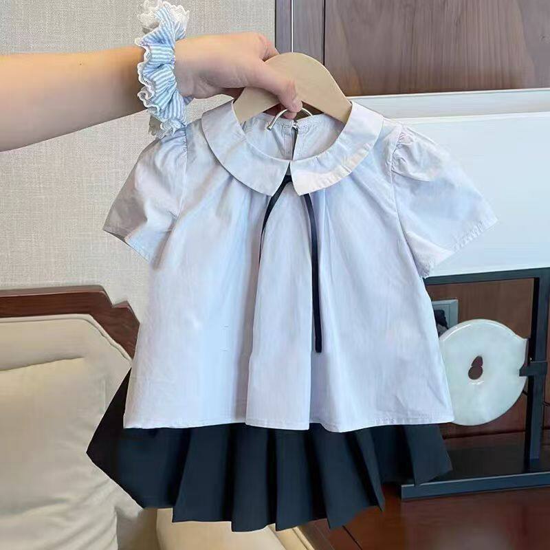 Summer Thai Bowknot Light Blue Pleated Skirt Two-Piece Set for Girls School Sweet Outing Kids Set - Image 3