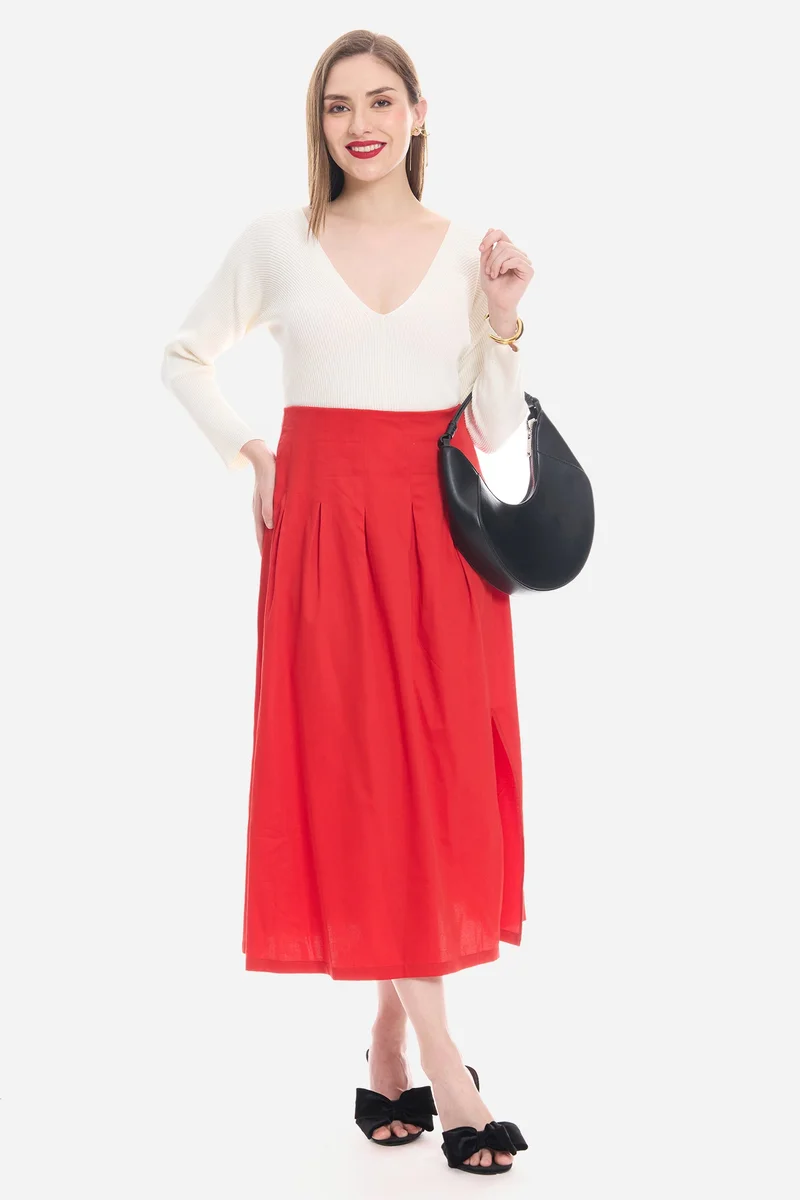 Virgio Solid Cotton Satin Pleated Maxi Skirt for Women