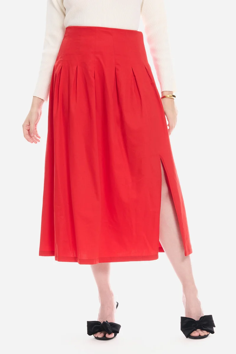 Virgio Solid Cotton Satin Pleated Maxi Skirt for Women