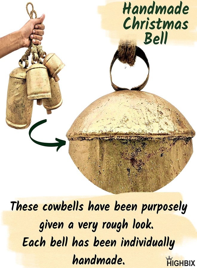 HIGHBIX Set of 3 Giant Harmony Cow Bells Huge Vintage Shabby Chic Handmade Rustic Lucky Christmas Hanging XL Bells On Rope Country Rustic (Extra Large) - Image 4