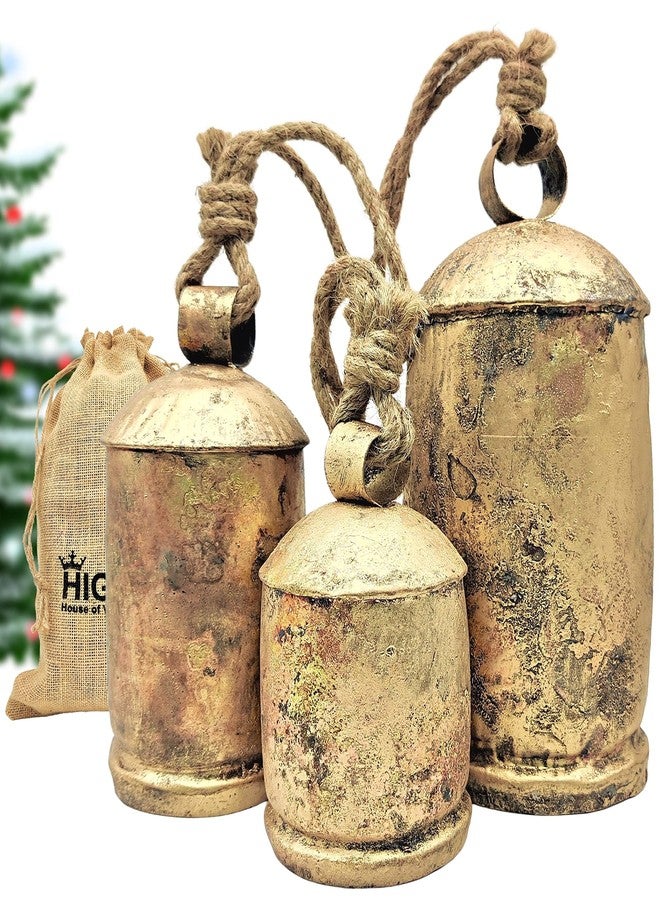 HIGHBIX Set of 3 Giant Harmony Cow Bells Huge Vintage Shabby Chic Handmade Rustic Lucky Christmas Hanging XL Bells On Rope Country Rustic (Extra Large) - Image 1