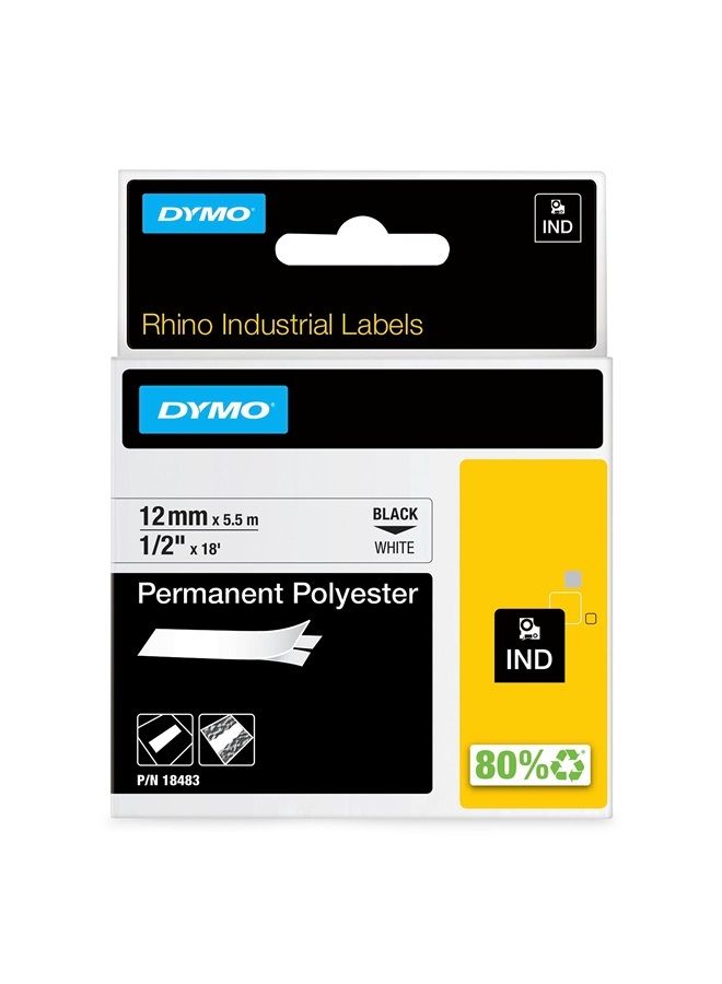 Dymo Authentic Industrial Permanent Labels for LabelWriter and Industrial Label Makers, Black on White, 1/2", 1 Roll (18483), DYMO Authentic - Image 1
