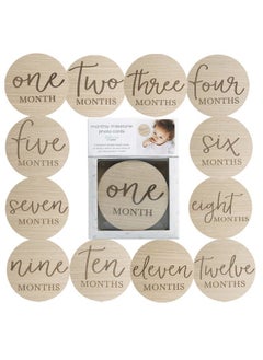 pearhead Little Pear Wooden Milestone Photo Cards - Double-Sided Baby Announcement Discs, Ideal Photo Prop for Monthly Pregnancy Journey and Baby Milestones, 1-12 Months, Light Wood  - Image 1