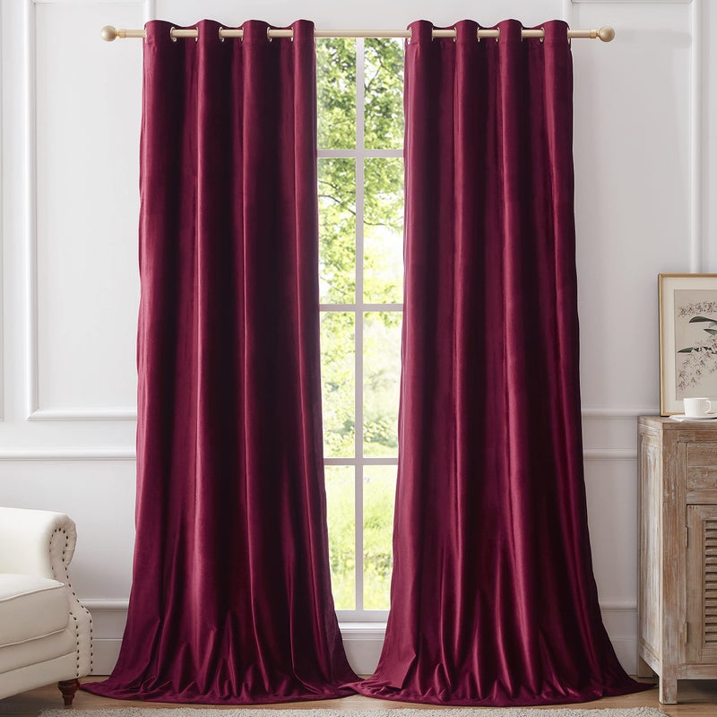 BULBUL Christmas Burgundy Velvet Curtains 84 inches Luxury Elegant Living Room Curtain Blackout Modern Thermal Insulated Soundproof Privacy Room Darkening Soft Drapes for Classical Bedroom Set of 2 - Image 1