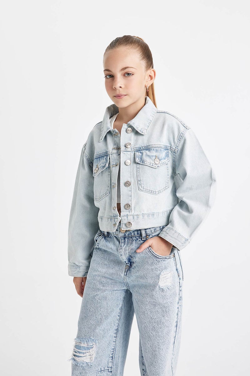 DeFacto Blue Girl Buttoned Short Jean Jacket Casual - Image 1