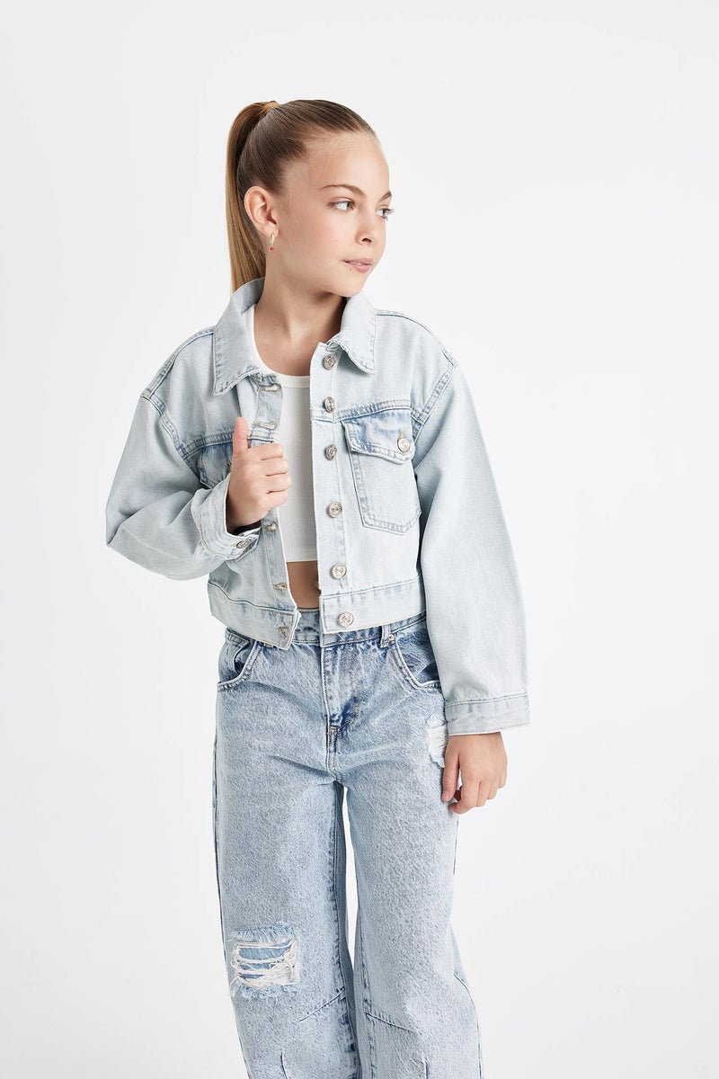 DeFacto Blue Girl Buttoned Short Jean Jacket Casual - Image 3