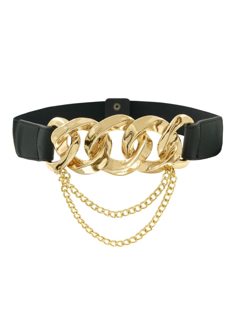 SOLARAE Leather Elastic Belts for Women Punk Stretchy Chain Belts Thick Belt with Chain for Dress (S) - Image 1