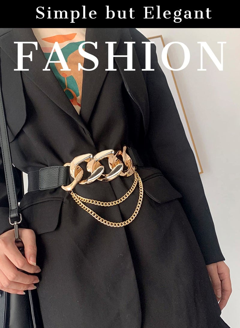 SOLARAE Leather Elastic Belts for Women Punk Stretchy Chain Belts Thick Belt with Chain for Dress (S) - Image 3