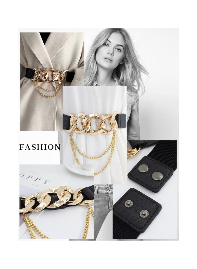 SOLARAE Leather Elastic Belts for Women Punk Stretchy Chain Belts Thick Belt with Chain for Dress (S) - Image 4