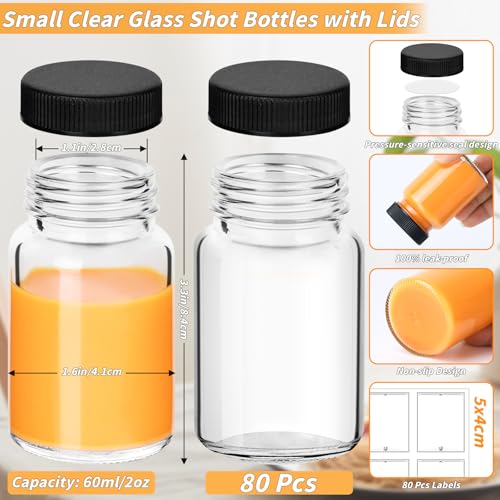 UZLU 80 Pack 2 oz Glass Shot Bottles with Black Lids Small Clear Glass Jar for Ginger Shot Mini Juice Bottle Reusable Wide Mouth Travel Cup Leakage-Proof with Labels for Wellness Juice Milk Potion Liquids - Image 2