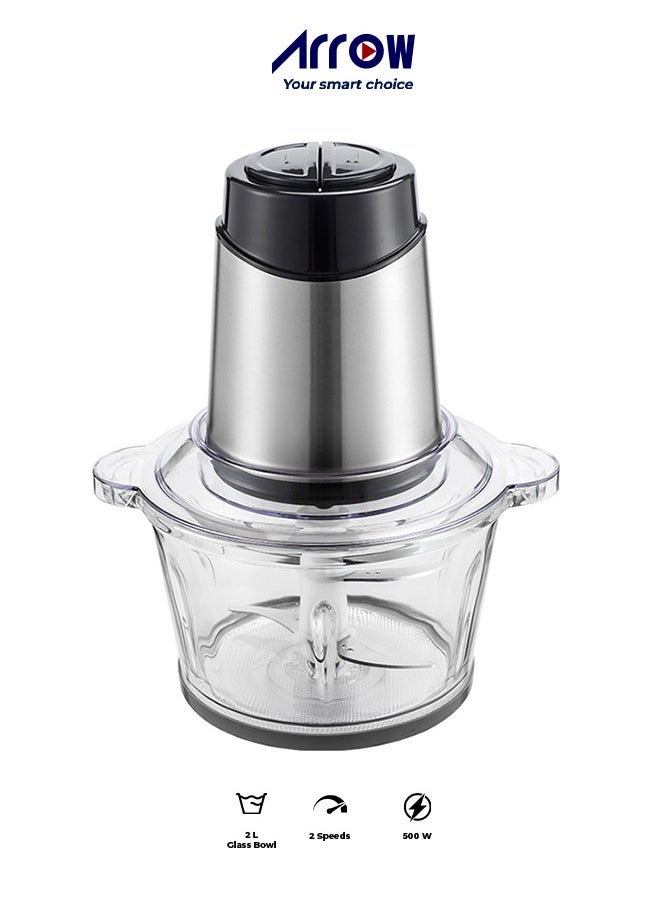 Arrow 2 Litre Glass Bowl Chopper, 500W | Stainless Steel Double Blade | Two Liter Glass Bowl | Stainless Steel Body | White Color |Two Speeds | Safety switch |Easy Cleaning | Model Name: RO-FPW02L1  - Image 1