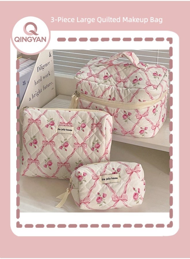 QINGYAN 3-Piece Large Quilted Makeup Bag for Women and Girls, Lovely Floral Cotton Cosmetic Bag, Aesthetic Travel Organized Toiletry Bags (Pink Bows) - Image 1