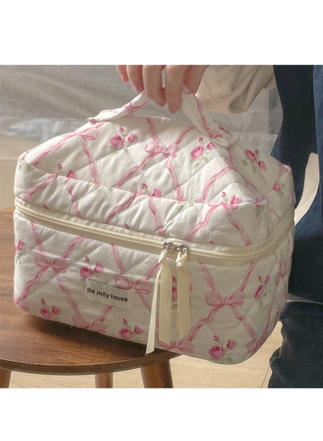 QINGYAN 3-Piece Large Quilted Makeup Bag for Women and Girls, Lovely Floral Cotton Cosmetic Bag, Aesthetic Travel Organized Toiletry Bags (Pink Bows) - Image 2