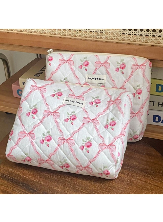 QINGYAN 3-Piece Large Quilted Makeup Bag for Women and Girls, Lovely Floral Cotton Cosmetic Bag, Aesthetic Travel Organized Toiletry Bags (Pink Bows) - Image 3