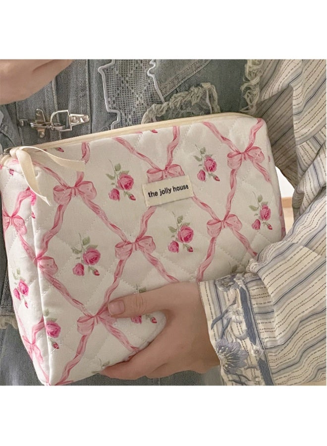 QINGYAN 3-Piece Large Quilted Makeup Bag for Women and Girls, Lovely Floral Cotton Cosmetic Bag, Aesthetic Travel Organized Toiletry Bags (Pink Bows) - Image 4