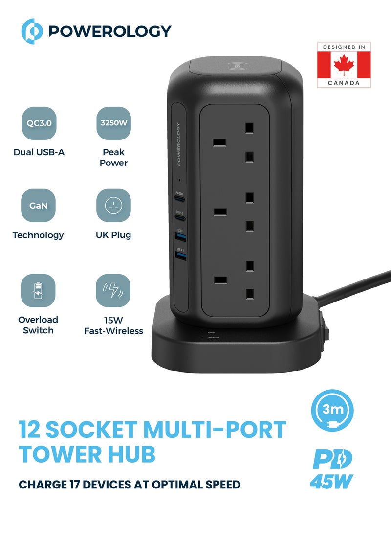 Powerology Multi-Port Tower Hub with 12 Sockets PD 45W and 3m Power Cord / Charge 17 Devices at Optimal Speed / 15W Fast-Wireless Charging / Dual USB-A / GaN Technology - Black  - Image 1