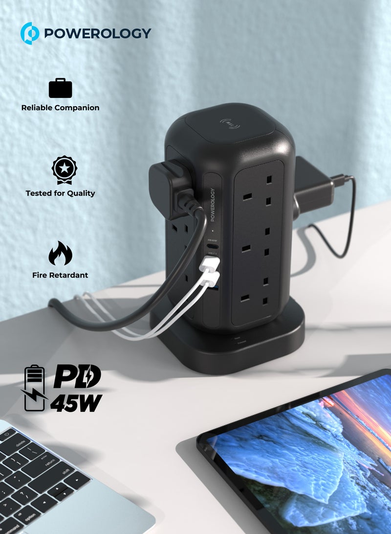Powerology Multi-Port Tower Hub with 12 Sockets PD 45W and 3m Power Cord / Charge 17 Devices at Optimal Speed / 15W Fast-Wireless Charging / Dual USB-A / GaN Technology - Black  - Image 2