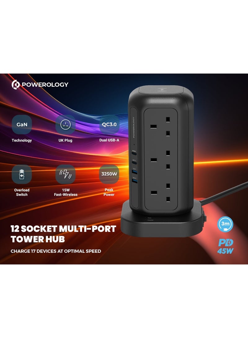 Powerology Multi-Port Tower Hub with 12 Sockets PD 45W and 3m Power Cord / Charge 17 Devices at Optimal Speed / 15W Fast-Wireless Charging / Dual USB-A / GaN Technology - Black  - Image 3