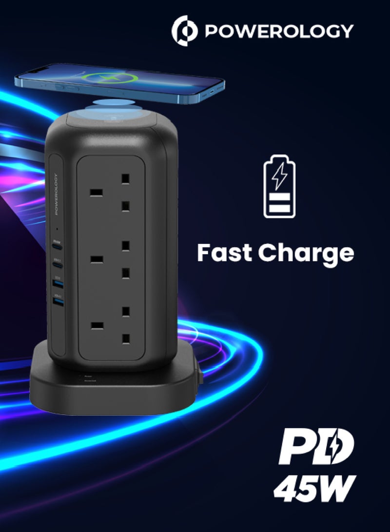 Powerology Multi-Port Tower Hub with 12 Sockets PD 45W and 3m Power Cord / Charge 17 Devices at Optimal Speed / 15W Fast-Wireless Charging / Dual USB-A / GaN Technology - Black  - Image 4