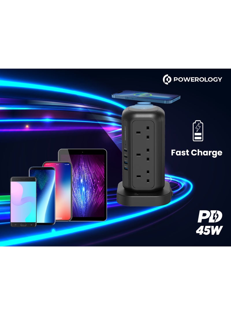 Powerology Multi-Port Tower Hub with 12 Sockets PD 45W and 3m Power Cord / Charge 17 Devices at Optimal Speed / 15W Fast-Wireless Charging / Dual USB-A / GaN Technology - Black  - Image 5
