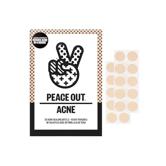 PEACE OUT Acne Healing Dots Helps Clear Blemishes Overnight, Fast Acting Hydrocolloid Pimple Patches for Breakouts with Salicylic Acid, Retinol and Aloe Vera, Award Winning Skincare Solution 20 Count - Image 1