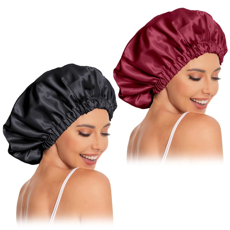 Edoneery Satin Bonnet Silk Bonnet Hair Bonnet for Sleeping-Slouchy Beanie Hat Satin Sleep Cap for Women's Natural & Curly Hair(Black&Red) - Image 1