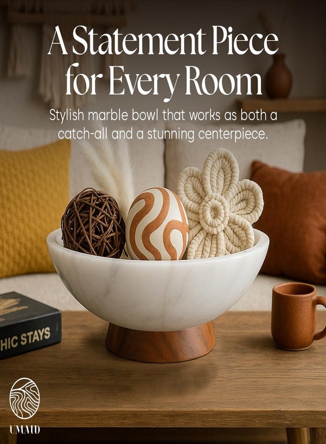 UMAID Marble Decorative Bowl with Wooden Base - Handcrafted Natural Stone Fruit Bowl for Kitchen Counter & Bookshelf Decor | No Two Pieces Alike, Unique Veining - Image 3
