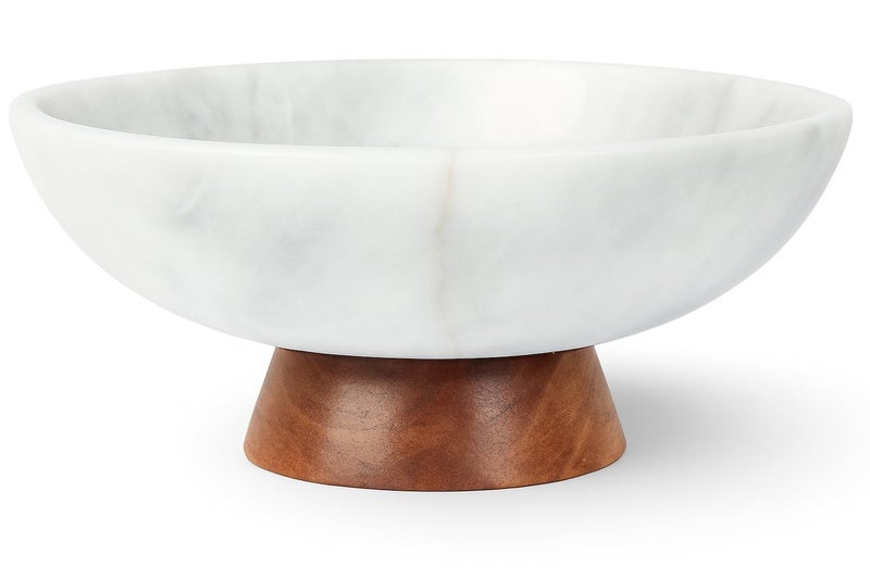 UMAID Marble Decorative Bowl with Wooden Base - Handcrafted Natural Stone Fruit Bowl for Kitchen Counter & Bookshelf Decor | No Two Pieces Alike, Unique Veining - Image 1