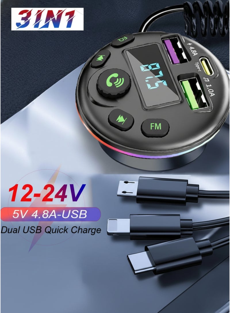 OALE Bluetooth FM Transmitter Car Charger – USB, Type-C & Lightning Fast Charging, LED Ambient Lights, Hands-Free Calling & Music MP3 Player - Image 2