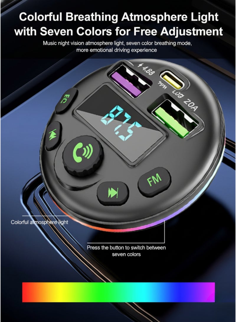 OALE Bluetooth FM Transmitter Car Charger – USB, Type-C & Lightning Fast Charging, LED Ambient Lights, Hands-Free Calling & Music MP3 Player - Image 4