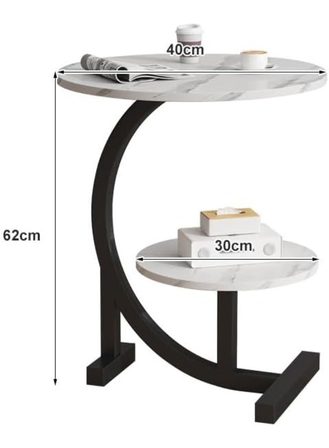 YINZUO Natural Round White Marble Top Coffee table 2-Tier C-Shaped End Table with Welded Metal Frame Stylish Side Table for Living Room and Bedroom, No Assembly Required (Matt Black) - Image 2