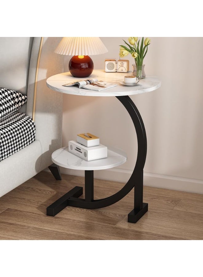 YINZUO Natural Round White Marble Top Coffee table 2-Tier C-Shaped End Table with Welded Metal Frame Stylish Side Table for Living Room and Bedroom, No Assembly Required (Matt Black) - Image 5