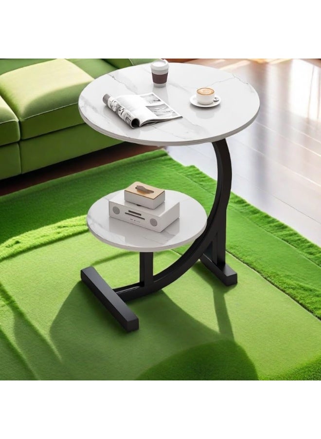 YINZUO Natural Round White Marble Top Coffee table 2-Tier C-Shaped End Table with Welded Metal Frame Stylish Side Table for Living Room and Bedroom, No Assembly Required (Matt Black) - Image 3