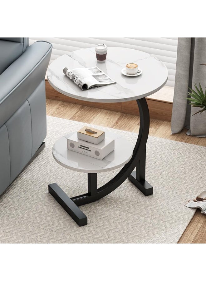 YINZUO Natural Round White Marble Top Coffee table 2-Tier C-Shaped End Table with Welded Metal Frame Stylish Side Table for Living Room and Bedroom, No Assembly Required (Matt Black) - Image 1