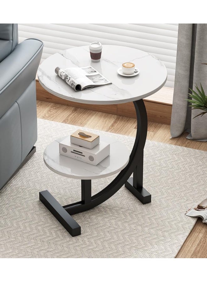 YINZUO Natural Round White Marble Top Coffee table 2-Tier C-Shaped End Table with Welded Metal Frame Stylish Side Table for Living Room and Bedroom, No Assembly Required (Matt Black) - Image 4