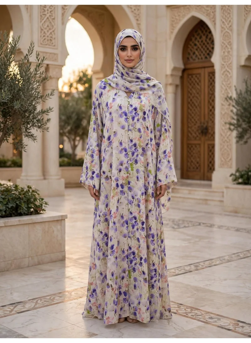 Floral Print Front Button Abaya with Draped Hijab