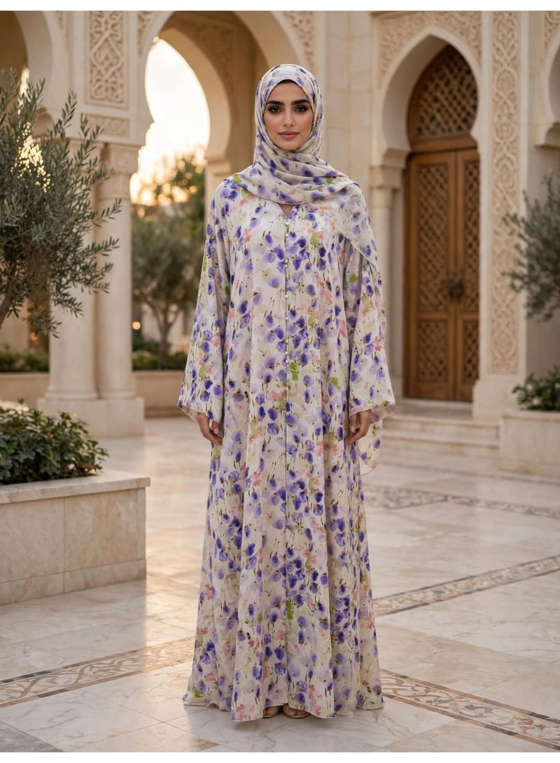 IKKXA Floral Print Front Button Abaya with Draped Hijab - Image 1