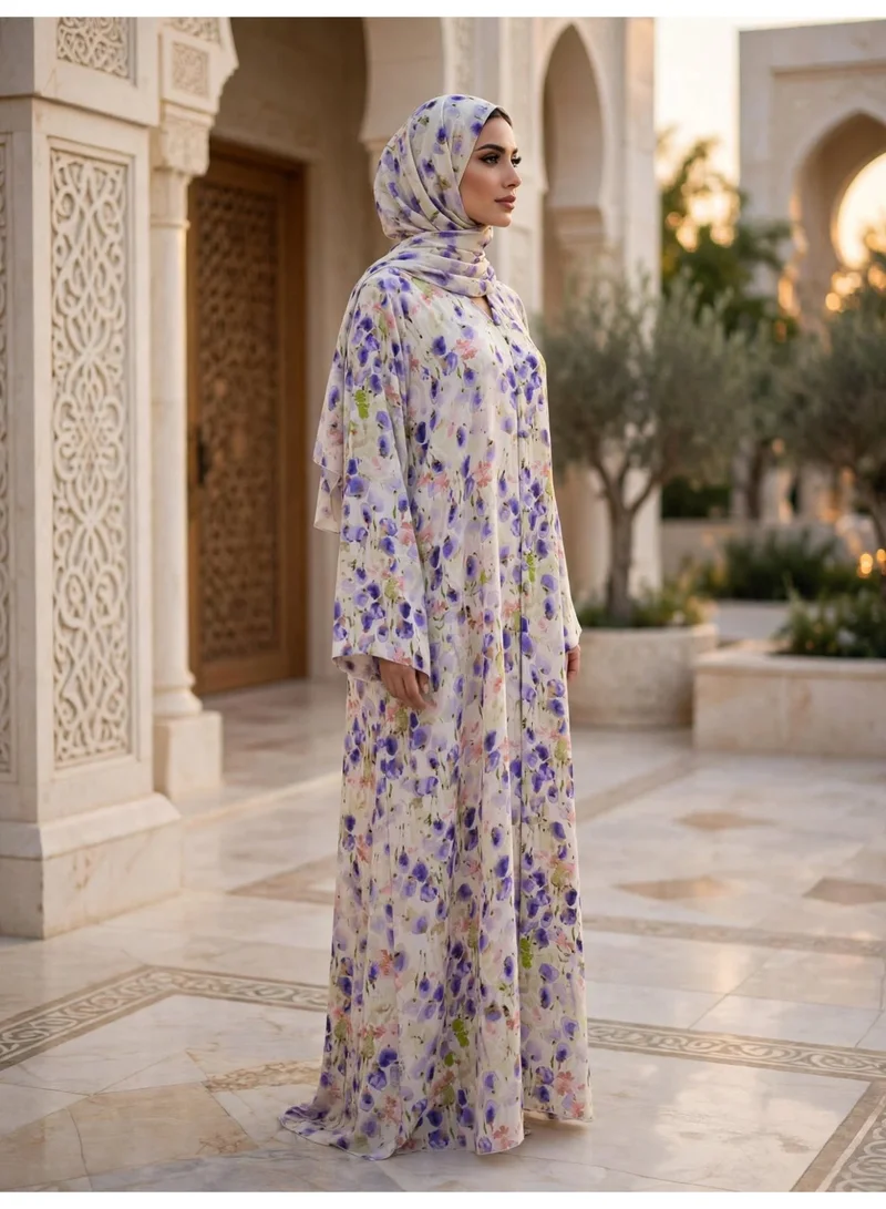 Ikkxa  Floral Print Front Button Abaya with Draped Hijab for Women | Best Price UAE