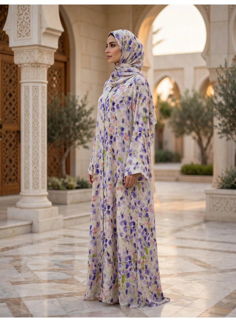 IKKXA Floral Print Front Button Abaya with Draped Hijab - Image 3