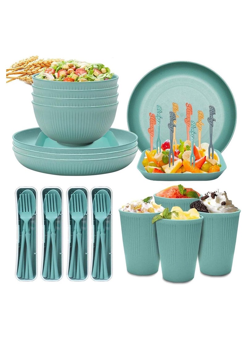 SYOSI 48pcs Unbreakable Dinnerware Sets for 4 People, Camping Plates and Bowls Set, Plastic Picnic Dinner Sets, Lightweight Colorful BBQ Plastic Serving Plates, Bowls, Cups,Cutlery, Forks,Tableware(Green) - Image 1