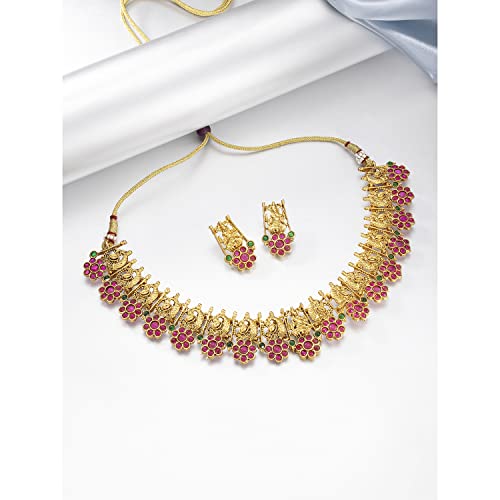 Peora Gold Plated Traditional Temple Jewellery Goddess Laxmi Choker Necklace with Drop Earrings for Women Girls - Image 2