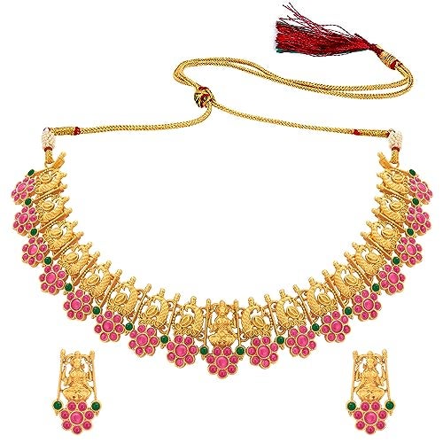 Peora Gold Plated Traditional Temple Jewellery Goddess Laxmi Choker Necklace with Drop Earrings for Women Girls - Image 1