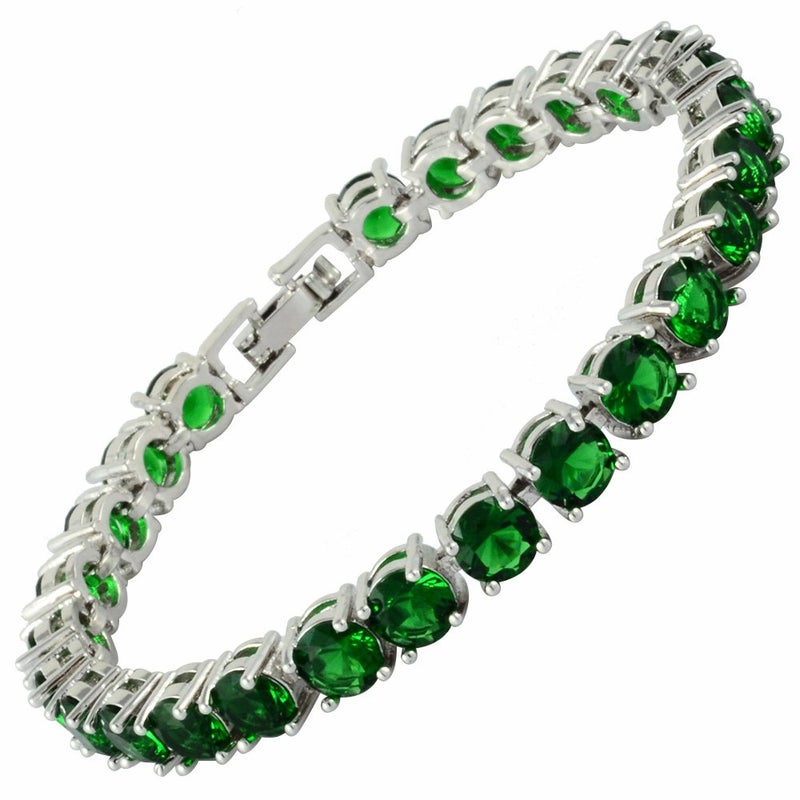 RIZILIA Round Cut Simulated Green Emerald CZ 18K Gold Plated Tennis Bracelet, 7" - Image 1